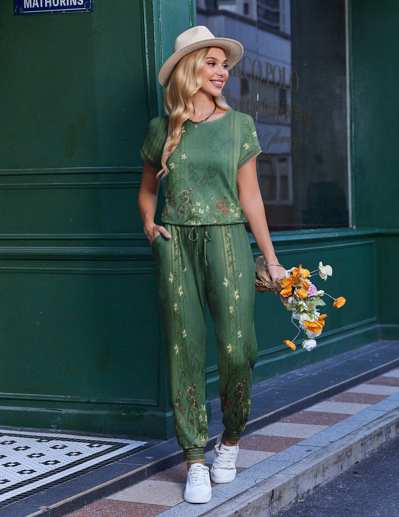 Short-sleeve jumpsuit with drawstring waist and long pants, dark olive green