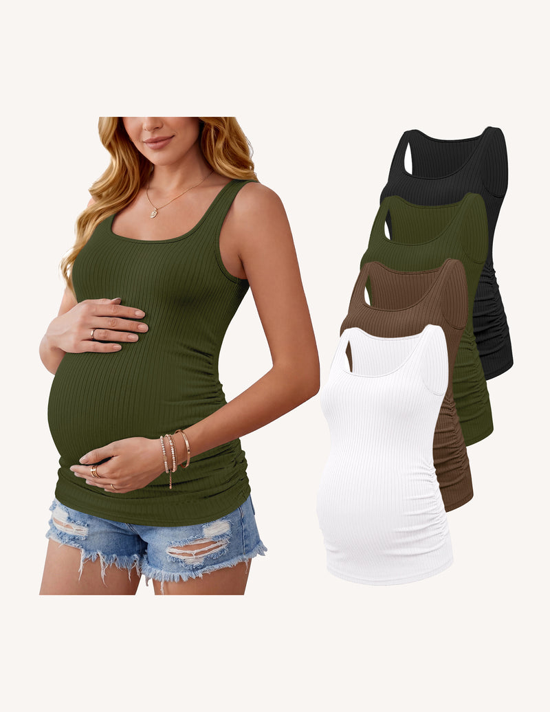 Maternity tank top, ribbed knit with ruched sides, dark olive green color