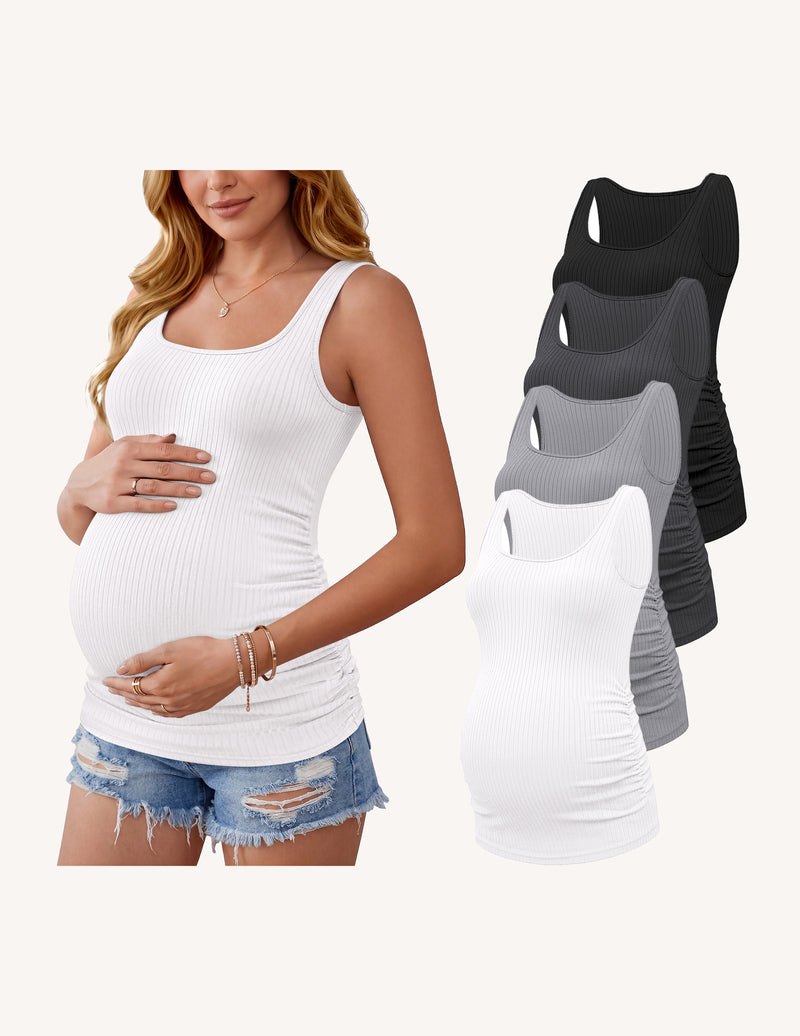 Maternity tank top, ribbed knit with ruched sides, white color