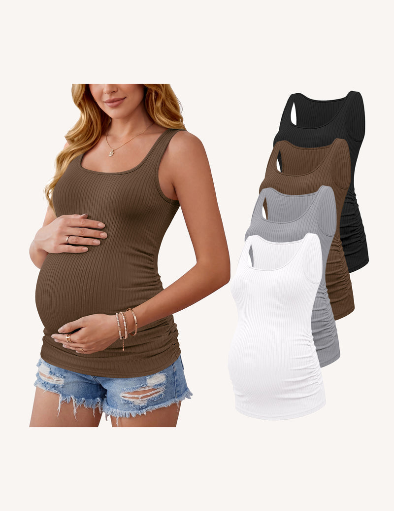 Maternity tank top, ribbed knit with ruched sides, olive-brown color