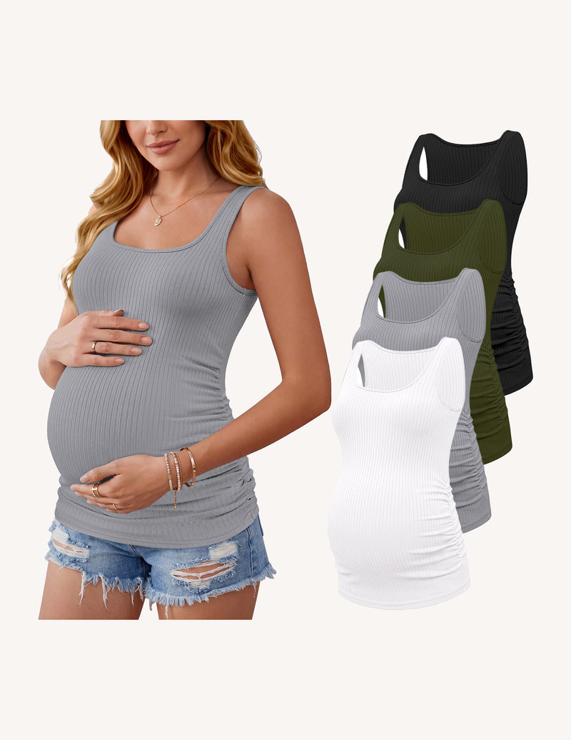 Maternity tank top, ribbed knit with ruched sides, light gray color