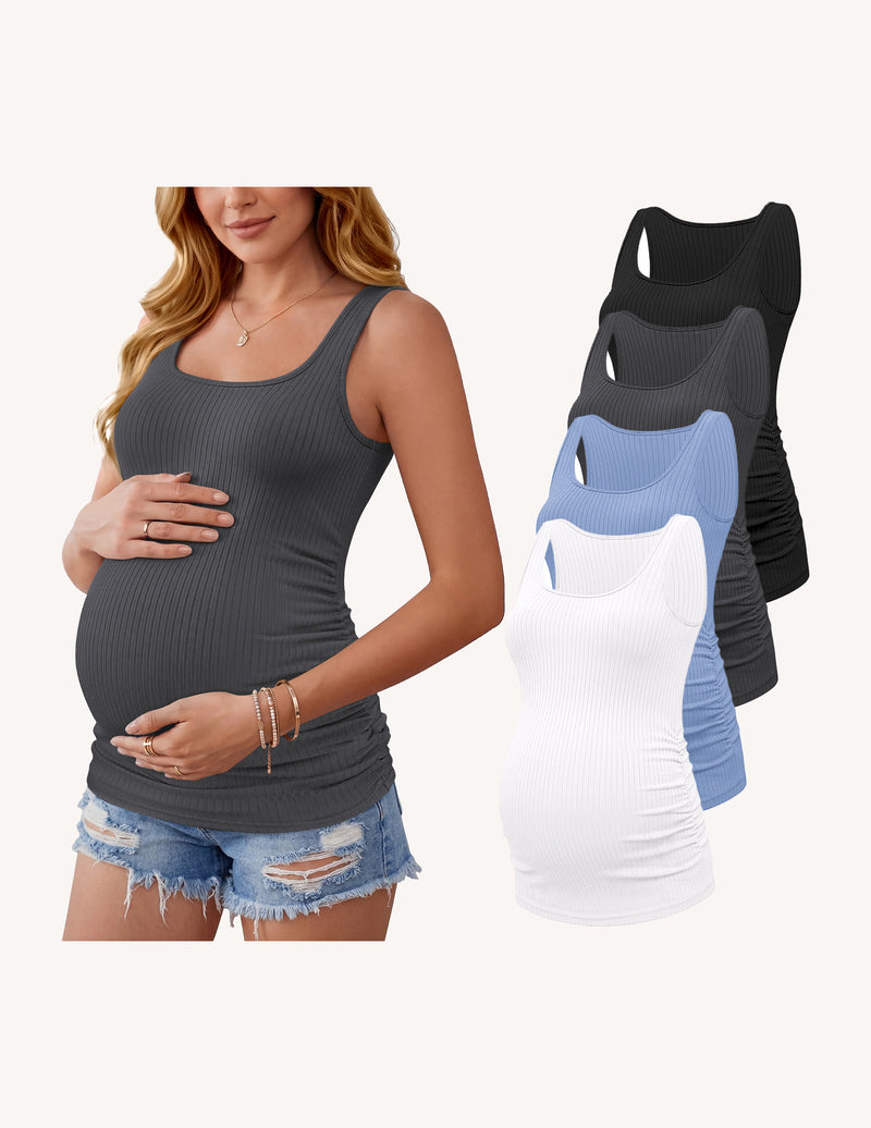 Maternity tank top, ribbed knit with ruched sides, dark gray color