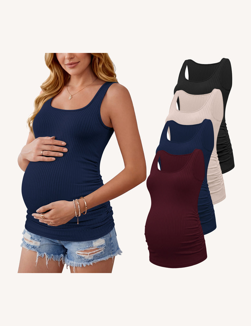 Maternity tank top, ribbed knit with ruched sides, navy blue color