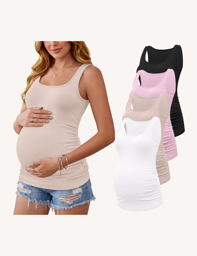 Maternity tank top, ribbed knit with ruched sides, blush pink color