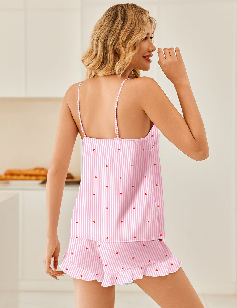 Satin pajama set with cami and ruffle shorts, pink striped pattern with small hearts