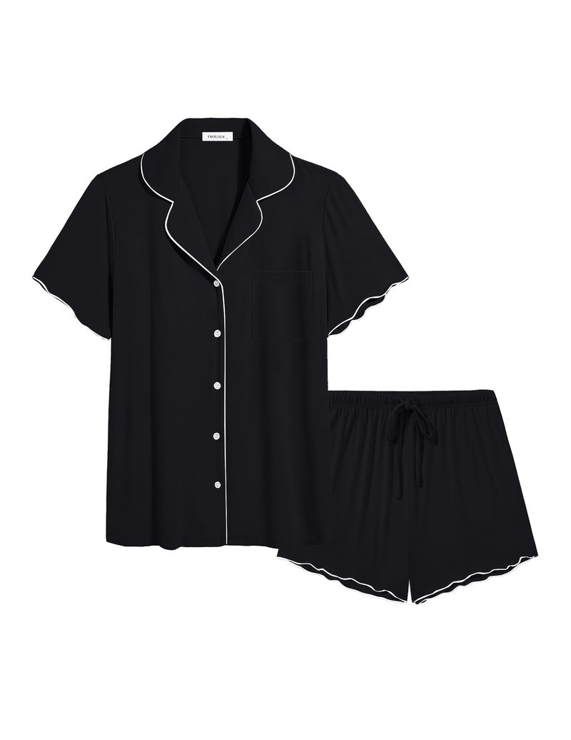 Bamboo viscose button-up ruffle pajama set, black short-sleeve top and drawstring shorts