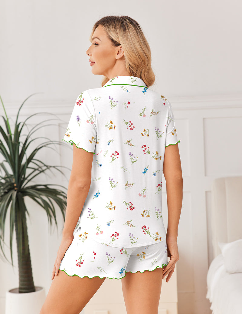 White ruffle pajama set worn with multicolor floral print top and drawstring shorts
