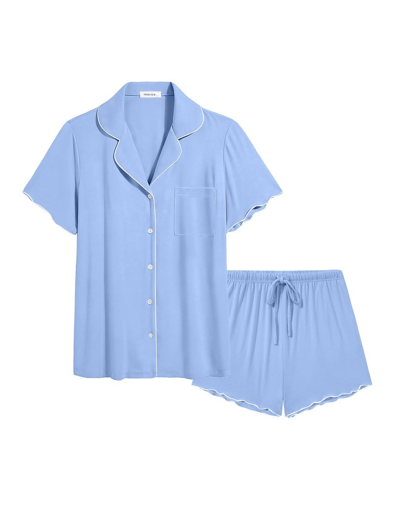 Powder blue ruffle button-up pajama set with matching drawstring shorts