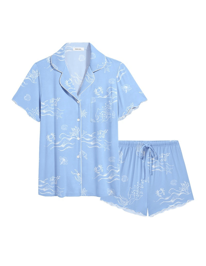 Light blue ruffle button-up pajama set with small pattern and matching drawstring shorts