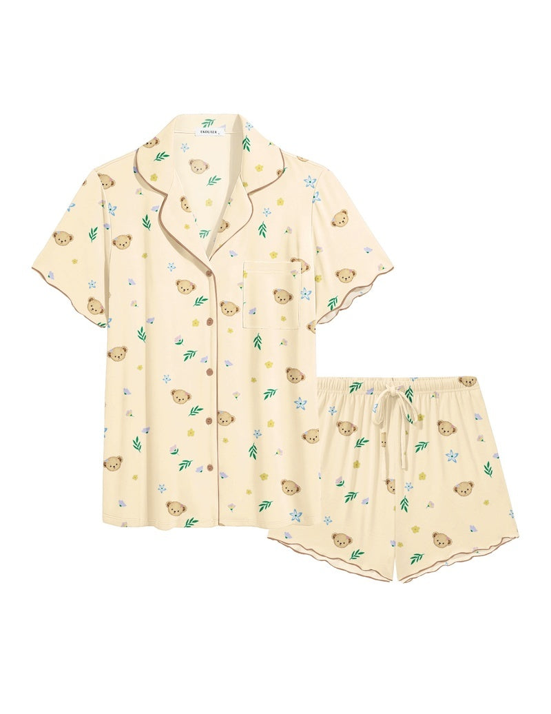 Ivory ruffle button-up pajama set with multicolor small print drawstring shorts