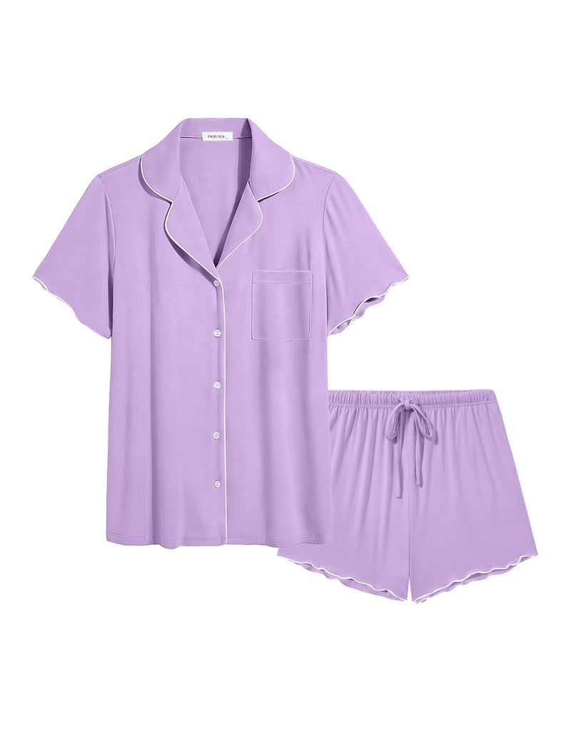 Lavender ruffle button-up pajama set with matching drawstring shorts