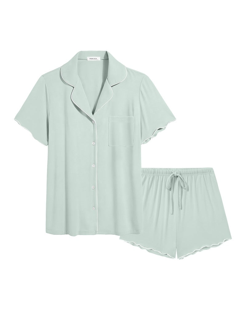 Bamboo viscose button-up ruffle pajama set, sage green short-sleeve top and drawstring shorts