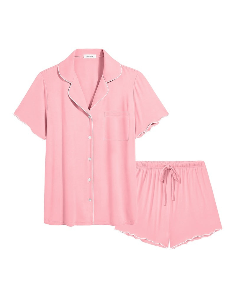 Bamboo viscose button-up ruffle pajama set, pink short-sleeve top and drawstring shorts