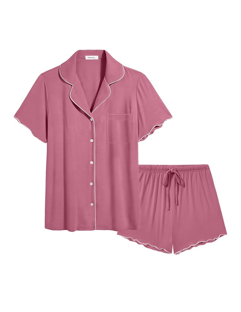 Bamboo viscose button-up ruffle pajama set, mauve pink short-sleeve top and drawstring shorts