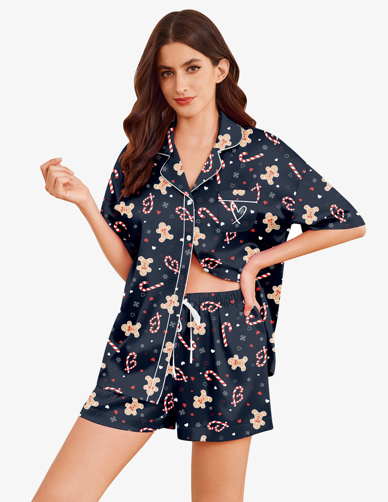 Silk Satin 2 Piece Heart Embroidery Pajama Set