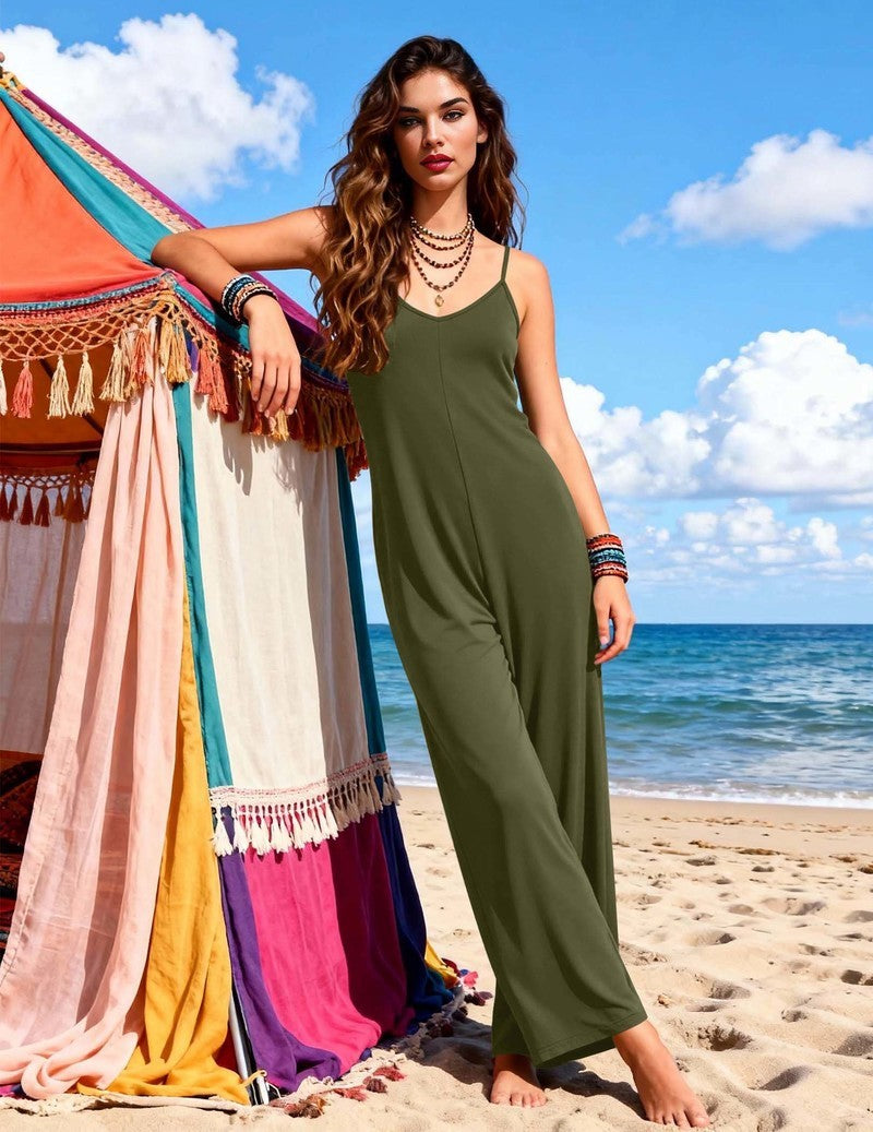 Olive green spaghetti-strap wide-leg jumpsuit with draped front and relaxed fit