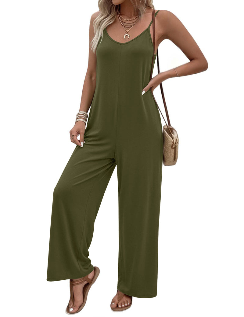 Boho spaghetti-strap jumpsuit in olive green with scoop neckline and flowing wide legs