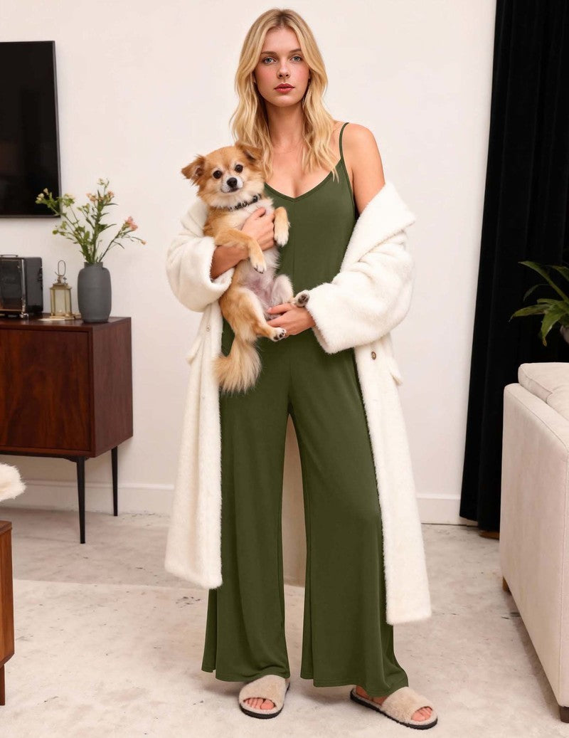Olive green spaghetti-strap wide-leg jumpsuit with scoop neckline and draped front