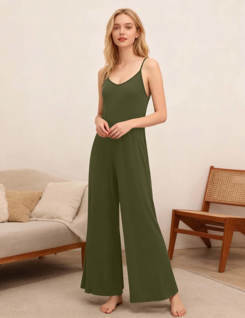 Olive green spaghetti-strap long jumpsuit with scoop neckline and wide pant legs