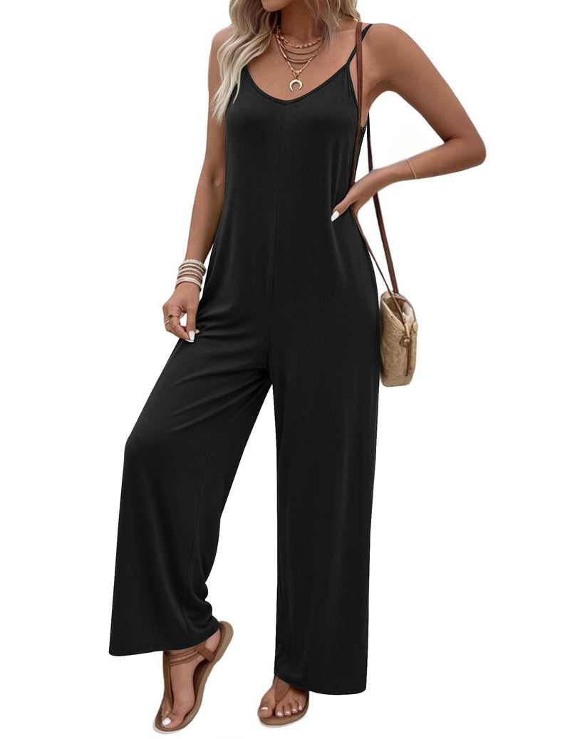 Boho spaghetti-strap jumpsuit in black, V-neck, wide-leg long pants