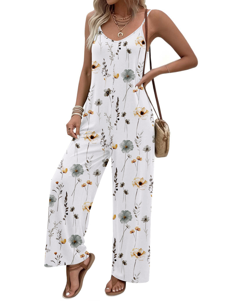 Boho spaghetti-strap jumpsuit with white floral print, wide-leg long pants