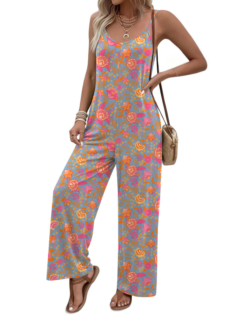Boho spaghetti-strap jumpsuit with multicolor floral print, wide-leg long pants