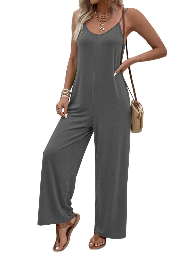 Boho spaghetti-strap jumpsuit in dark gray, V-neck, wide-leg long pants