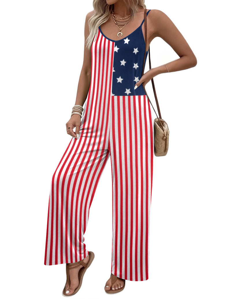 Boho spaghetti-strap jumpsuit with star-and-stripe print, wide-leg long pants