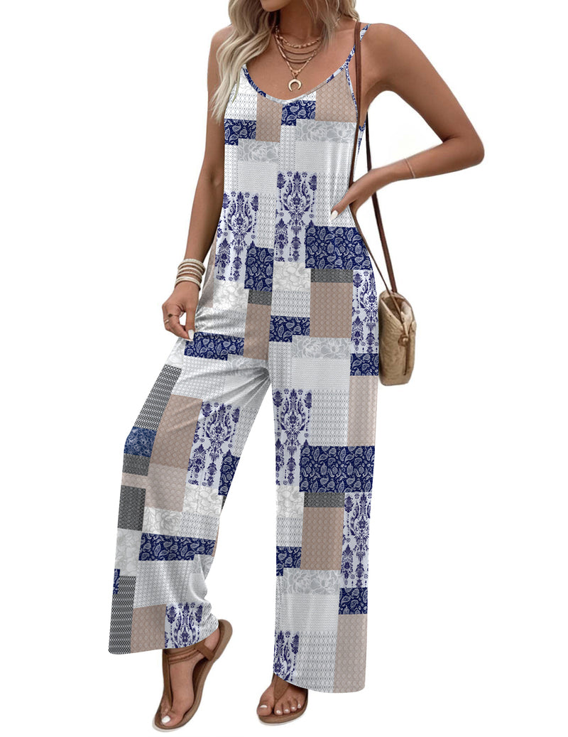Boho spaghetti-strap jumpsuit with blue-and-white patchwork print, wide-leg long pants