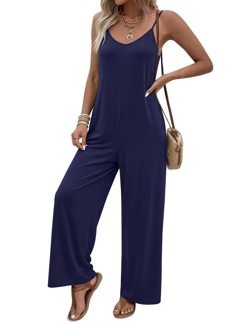 Navy spaghetti-strap jumpsuit with long wide legs