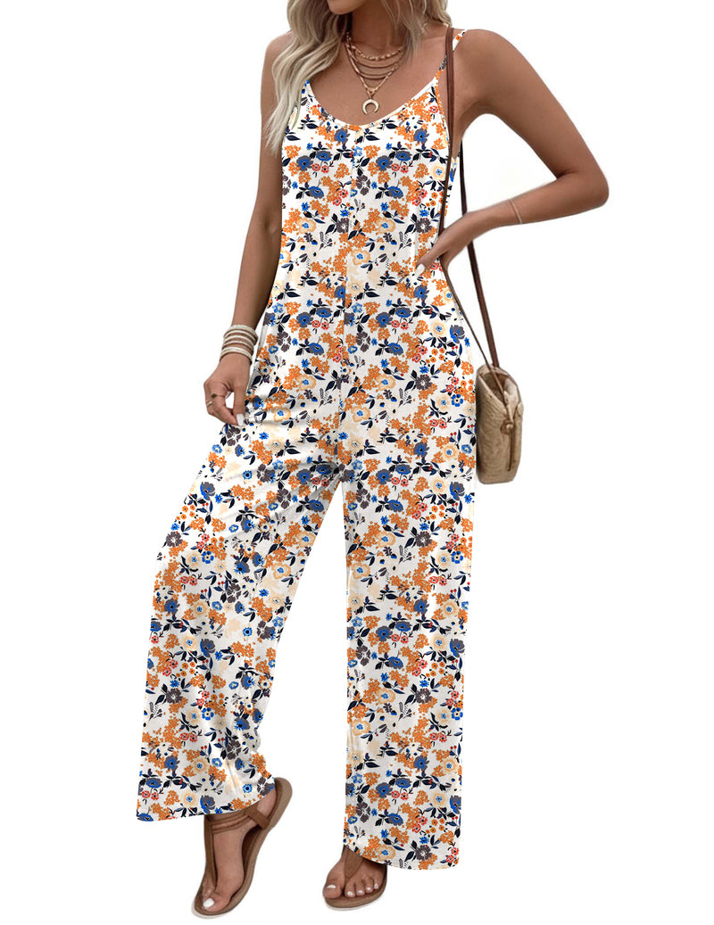 Floral spaghetti-strap jumpsuit with long wide legs, sleeveless
