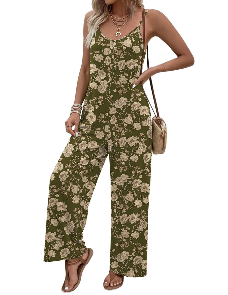 Olive floral spaghetti-strap jumpsuit with long wide legs