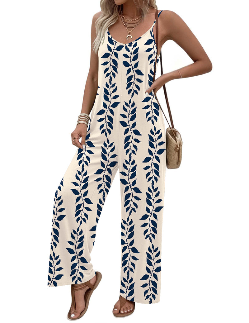 White and blue leaf print spaghetti-strap jumpsuit with long wide legs