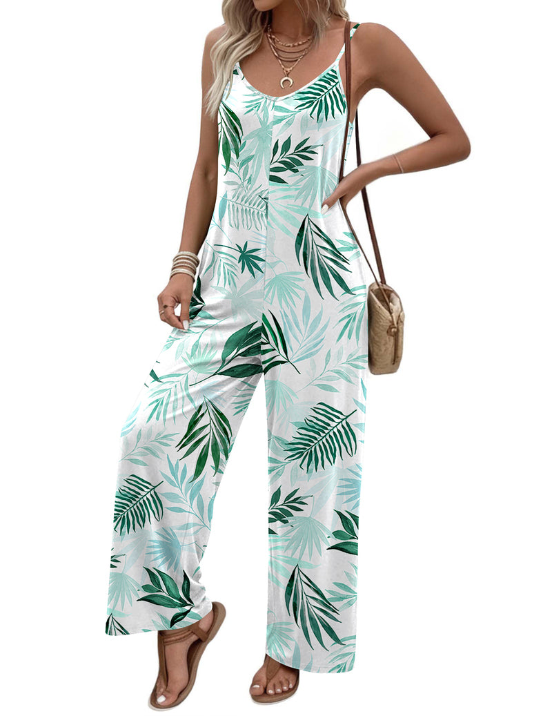 White tropical leaf spaghetti-strap jumpsuit with long wide legs