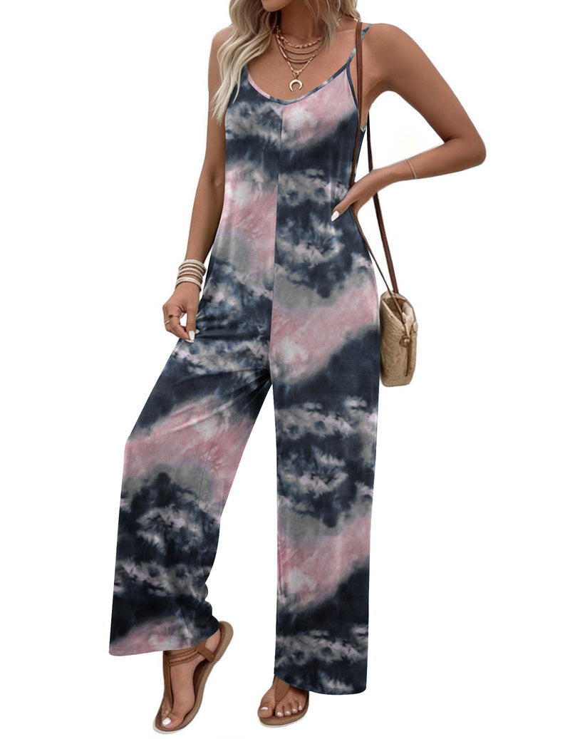 Navy and pink tie-dye spaghetti-strap jumpsuit with long wide legs