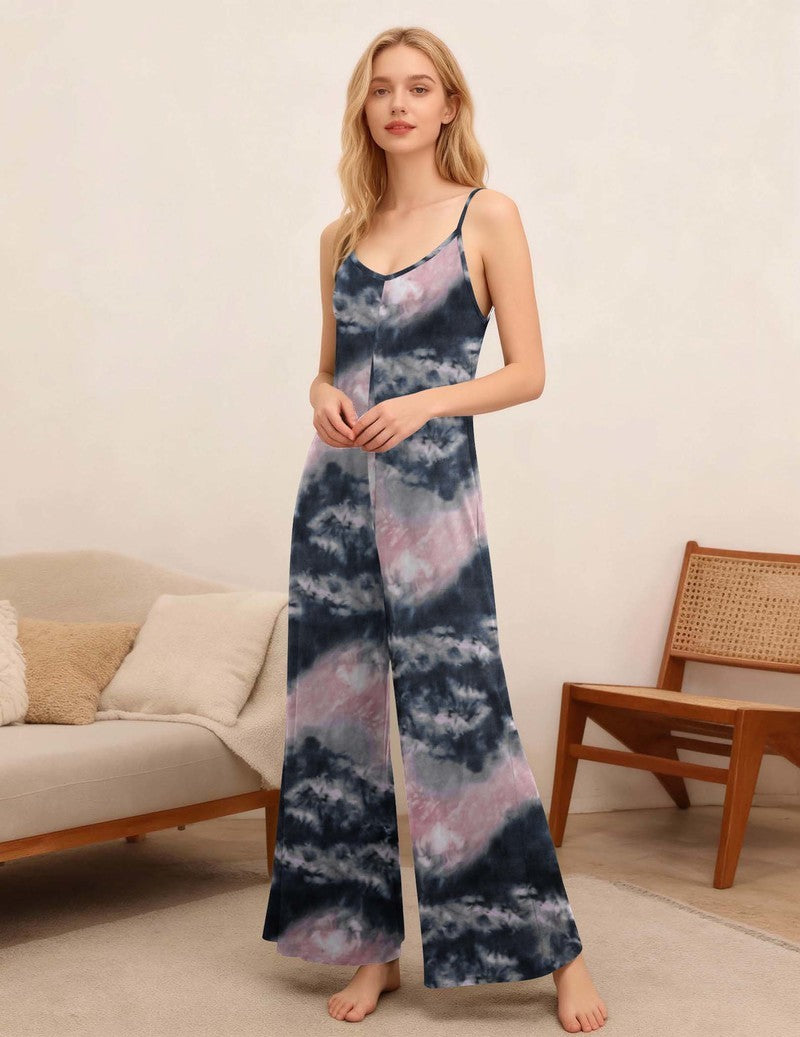 Boho spaghetti-strap long jumpsuit in navy, pink, and white tie-dye with wide legs