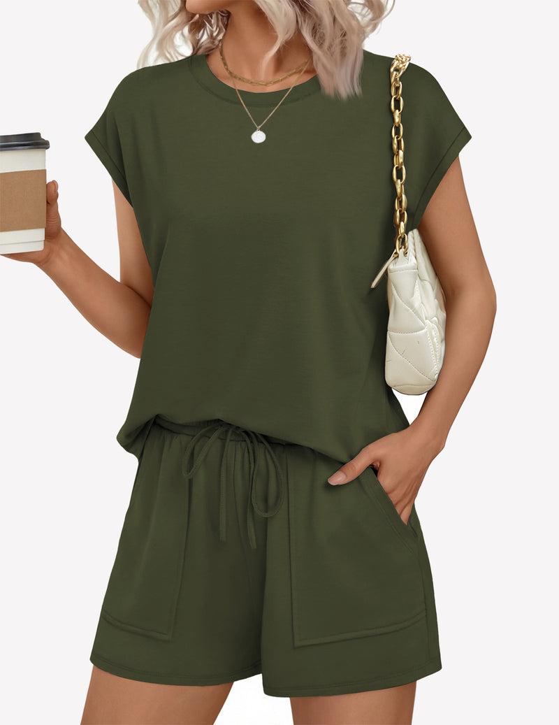 Lounge short set with cap sleeves and drawstring waist in army green