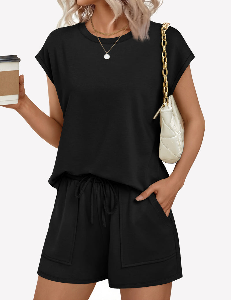Black cap-sleeve lounge top and drawstring-waist shorts set
