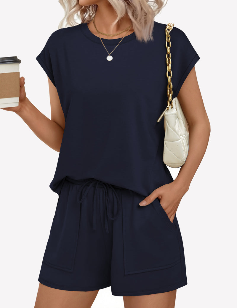 Navy cap-sleeve lounge top with drawstring-waist shorts, relaxed fit