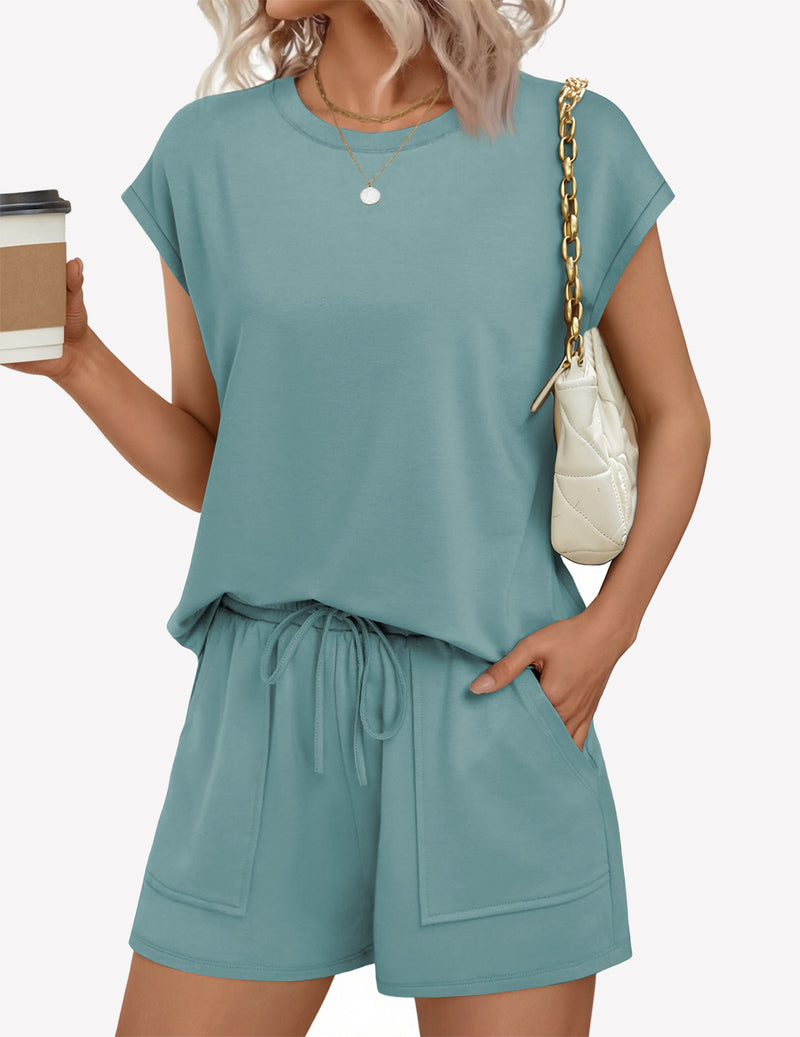 Lounge short set with cap sleeves and drawstring waist in dusty blue