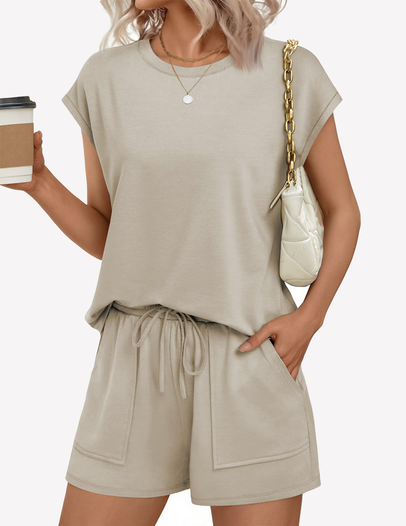 Lounge short set with cap sleeves and drawstring waist in light tan
