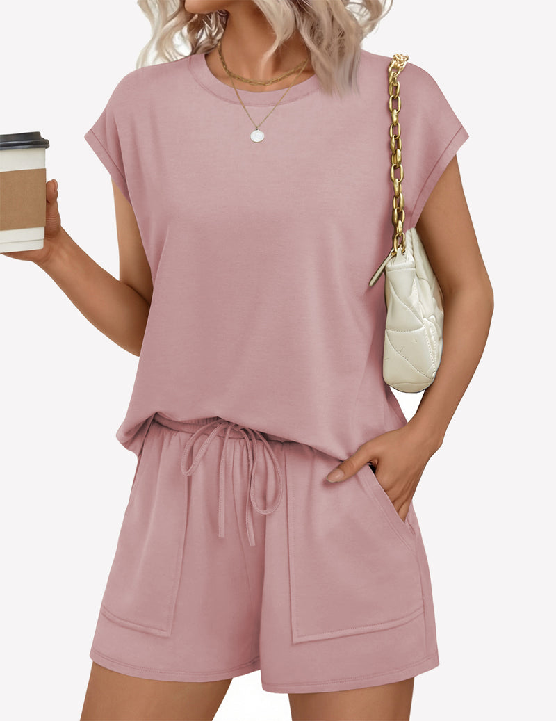 Lounge short set with cap sleeves and drawstring waist in dusty pink