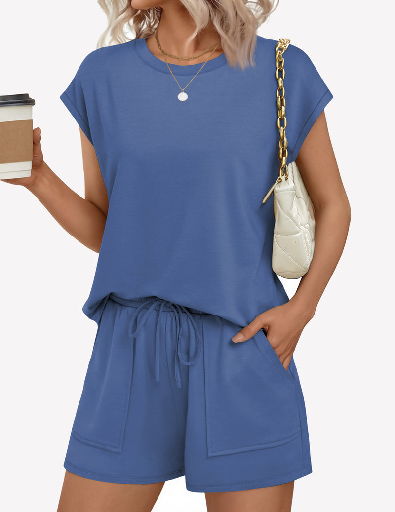 Blue cap-sleeve lounge top and drawstring-waist shorts set