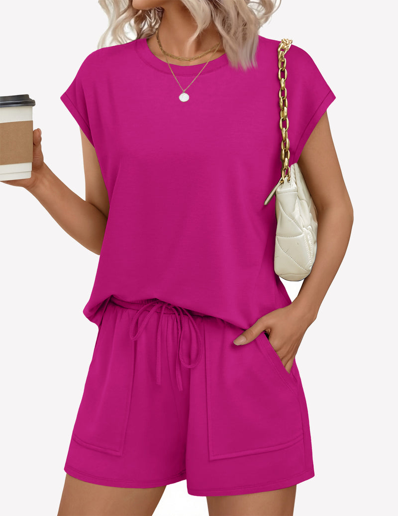 Lounge short set with cap sleeves and drawstring waist in hot pink