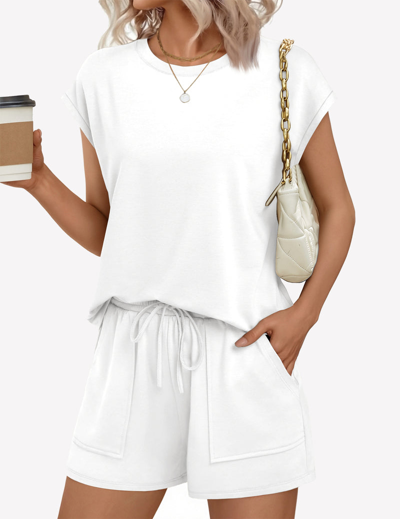 Lounge short set with cap sleeves and drawstring waist in white