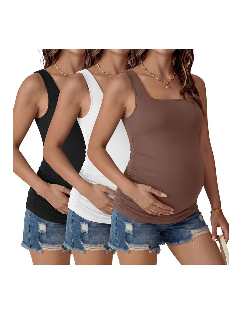 3-pack maternity ruched square-neck tank tops, black, white, brown, sleeveless