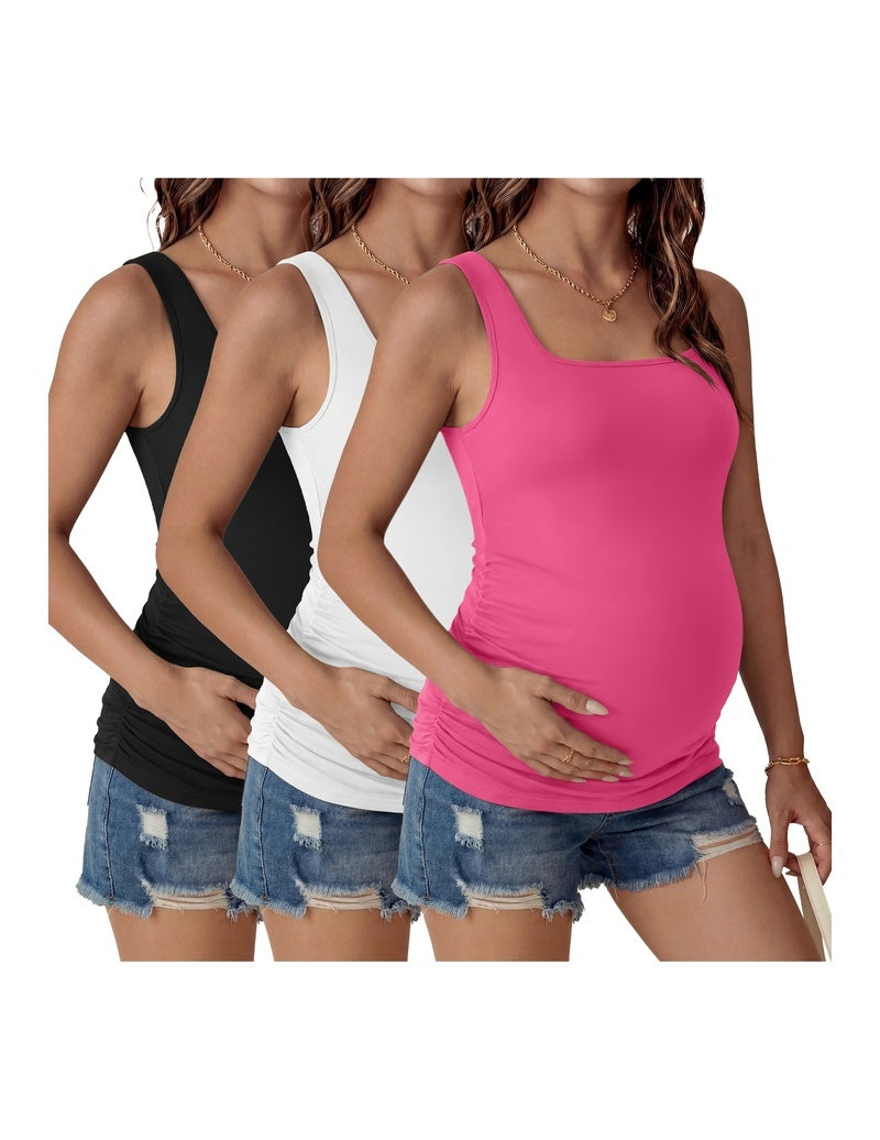 3-pack maternity ruched square-neck tank tops, black, white, hot pink, sleeveless