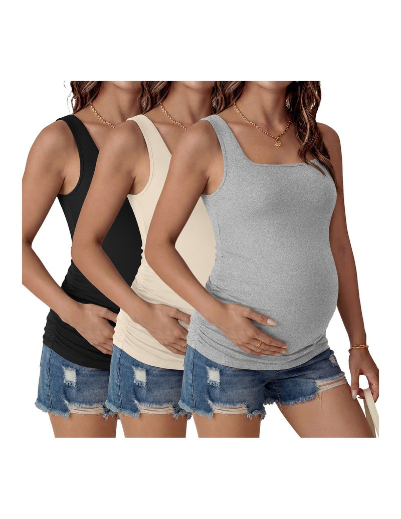 3-pack maternity ruched square-neck tank tops, black, white, light gray, sleeveless
