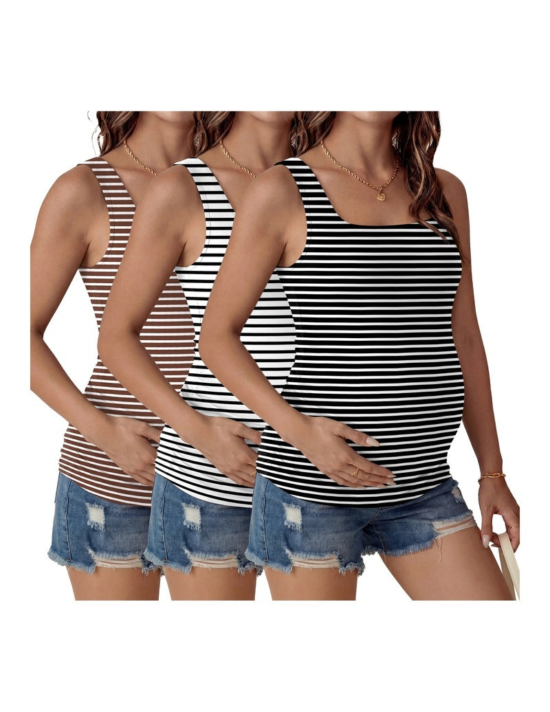 Ruched square-neck maternity tank tops (3-pack) in black, light grey, and black-and-white striped.