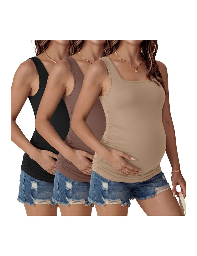 Ruched square-neck maternity tank tops (3-pack) in black, dark grey, and beige.